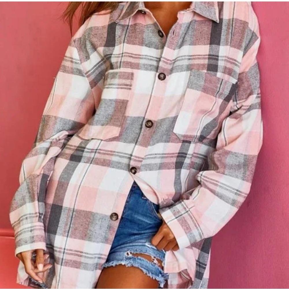 Oversized Pink and Gray Plaid Button-Up Shirt 2XL
